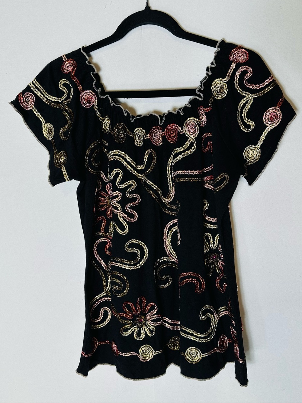 Vintage Lauren Michelle Black Metallic Ribbon Applique Beaded Off Shoulder Top M